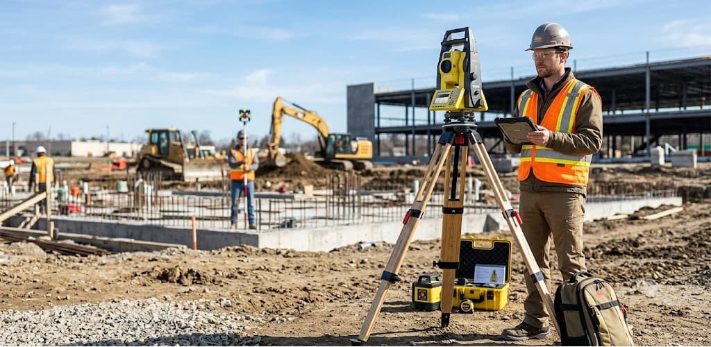 Surveyor with total station on a construction site